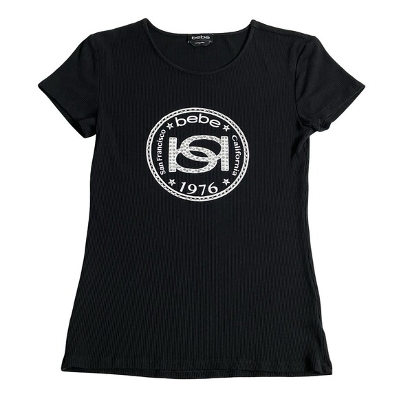 bebe Tops - Bebe Top Womens M Black McBling Rhinestone Y2K Logo Stretch Ribbed Short Sleeve